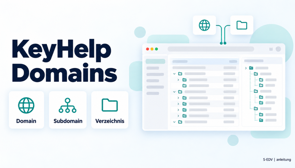 Illustration eines Hosting-Panels mit der Überschrift KeyHelp Domains und den Karten Domain, Subdomain, Verzeichnis