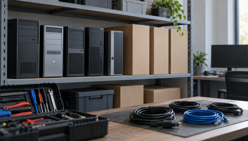 Regal mit Computergehäusen und Kartons, davor Werkzeugkoffer und aufgerollte Netzwerkkabel auf einem Holztisch im Büro