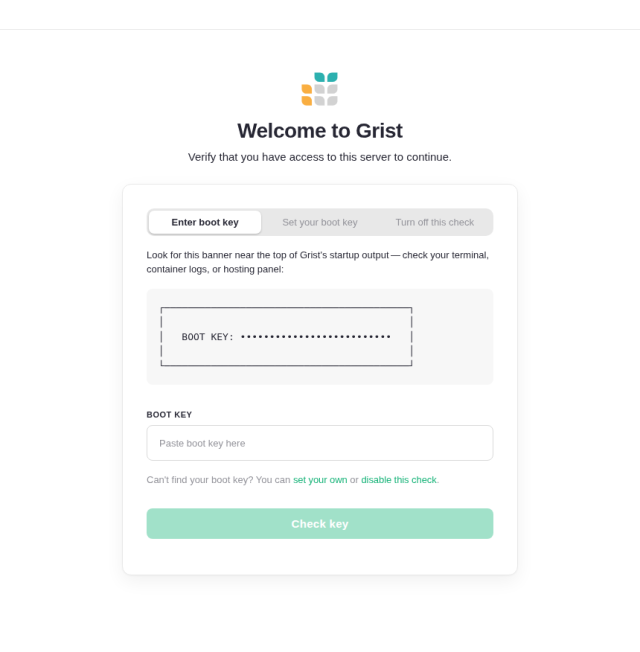 Grist-Startseite „Welcome to Grist“ mit Eingabefeld für den Boot-Key