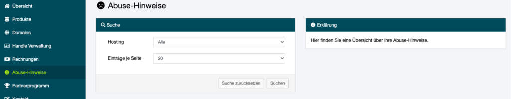 Seite Abuse-Hinweise im netcup CCP mit Suche, Erklärung und Menü