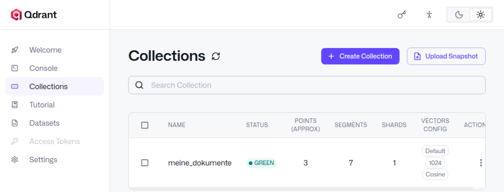 Qdrant-Dashboard, Liste Collections mit meine_dokumente, Status GREEN, 3 Punkte, 1024 Dimensionen, Cosine