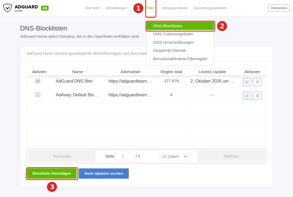 AdGuard Home, Menü Filter (1) mit Eintrag DNS-Blocklisten (2) und Schaltfläche Blockliste hinzufügen (3), AdGuard DNS filter aktiv