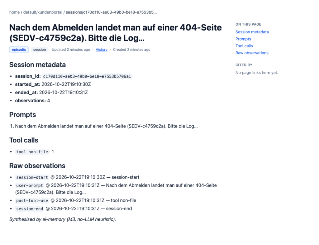 Von ai-memory ohne LLM erzeugte Sitzungsseite mit Metadaten, Prompt, Werkzeugaufruf und Rohbeobachtungen