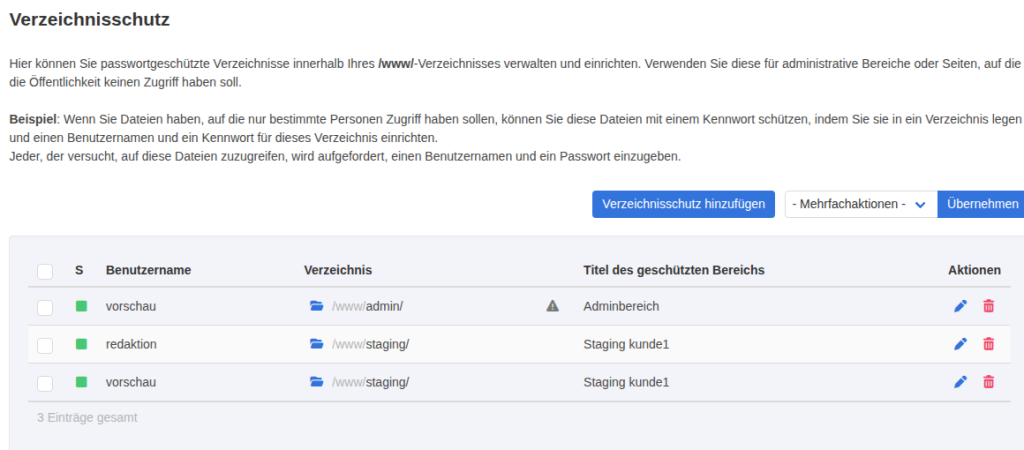 KeyHelp-Kundenbereich Verzeichnisschutz mit drei Einträgen: vorschau für /www/admin/ mit Warndreieck für Ausnahmen, redaktion und vorschau für /www/staging/