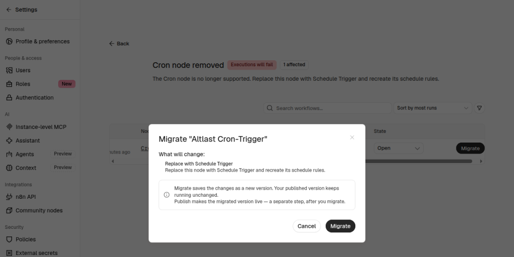 Dialog Migrate in n8n 3.0, der den Ersatz des Cron-Nodes durch einen Schedule Trigger ankündigt