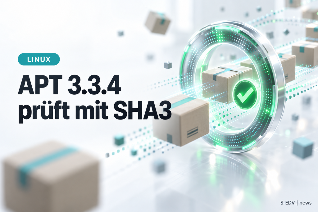 Softwarepakete laufen durch einen Prüfring, Headline APT 3.3.4 prüft mit SHA3