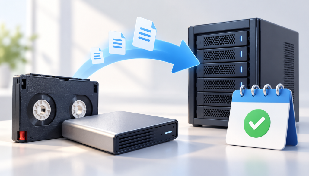 Bandkassette und externe Festplatte, Dateien fliegen per Pfeil zum Server, daneben Kalender mit grünem Haken