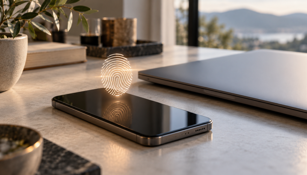 Smartphone auf heller Steinplatte mit leuchtendem Fingerabdrucksymbol, daneben ein zugeklappter Laptop und Pflanzen