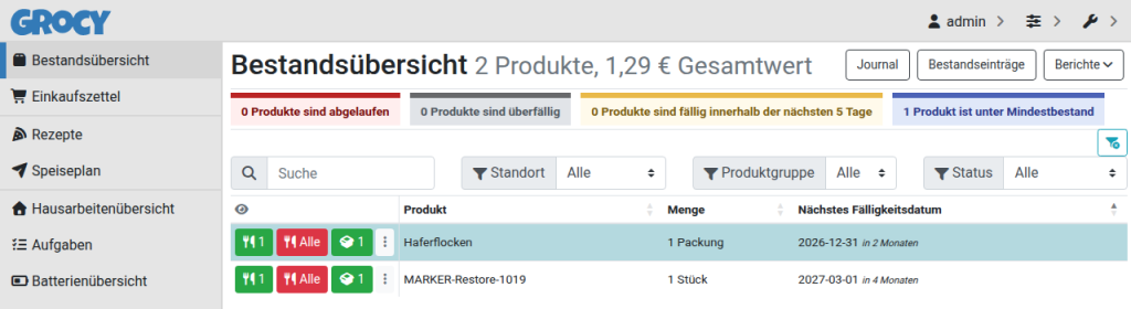 Grocy-Bestandsübersicht auf Deutsch mit zwei Produkten, Gesamtwert 1,29 Euro und dem Hinweis, dass ein Produkt unter dem Mindestbestand liegt